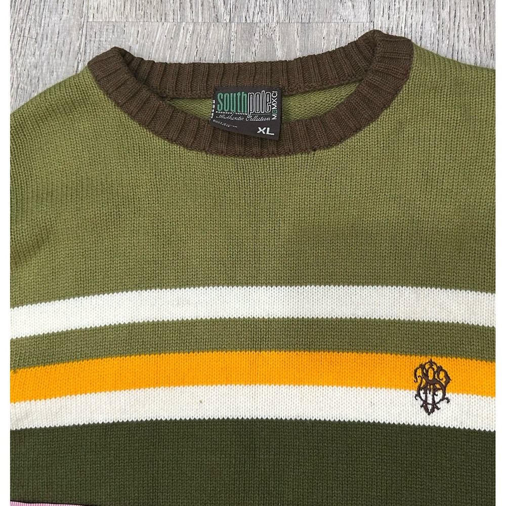 VTG Y2K SOUTHPOLE‎ Sweater Green Brown Striped 100% Acrylic Pullover Sweater - Picture 15 of 16